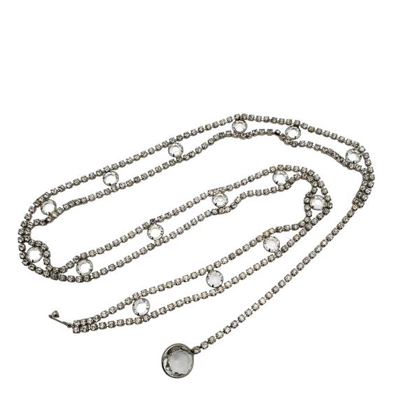 Crystal Rhinestone Belt Silver Tone Prong D&E 38" Skinny Bling Adjustable 1960s - Picture 12 of 12